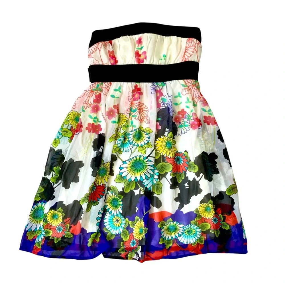 Vintage FOREVER 21 Floral Strapless Mini Dress Y2K Empire Waist Multicolor Small